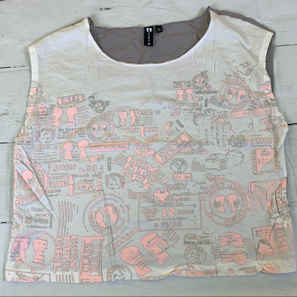 Boy Meet Girl grey pink cropped top t-shirt tee mail stamp silk cotton beach